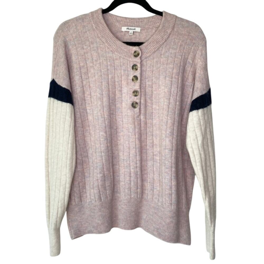 Madewell Pink Color Block Striped Bowden Henley Sweater Coziest Yarn Size Small